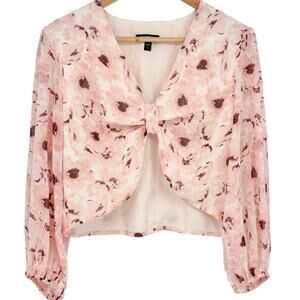 Express Pink Floral Tie Front Long Sleeve Cropped Top Size L